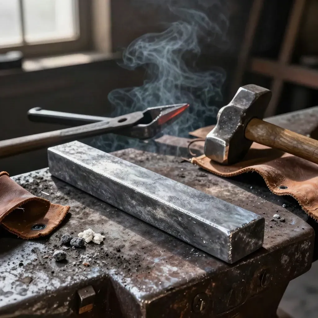 Forge tools and steel billet on soot-dark metal, lit by warm daylight and drifting smoke