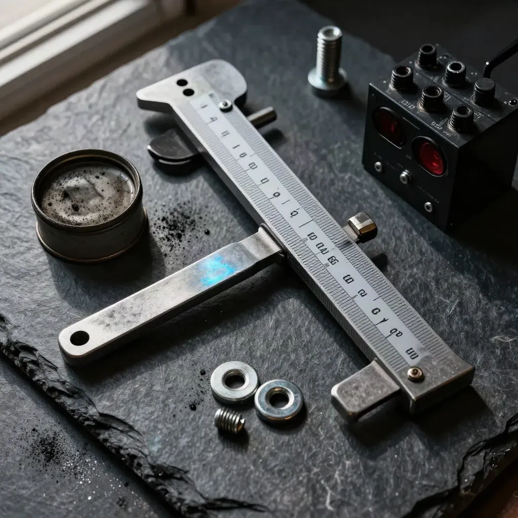 Rail inspection tools on dark slate with dust, grease tins, bolts, and relay housing