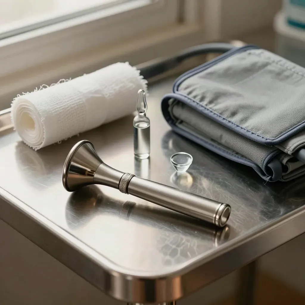 Otoscope, gauze, ampoules and blood-pressure cuff on brushed steel in dramatic clinical light.