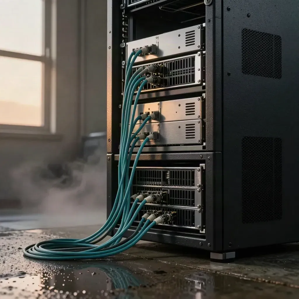 Rain-slick server stack and teal cables in a dim industrial loading bay.