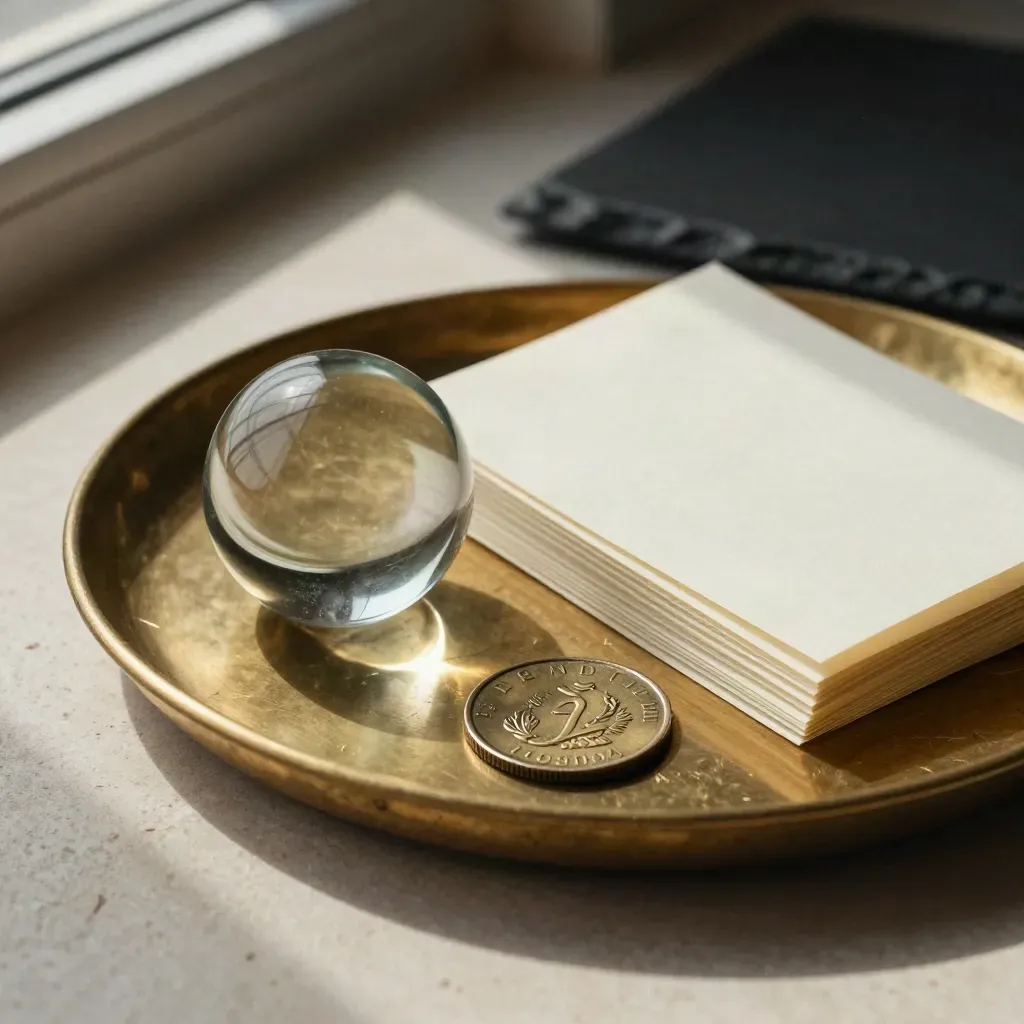 Brass tray, audit seal stamp, glass paperweight, and index tabs on pale stone in soft light.
