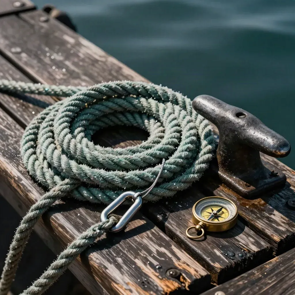 Marine rope, shackle, dock cleat, and brass compass case on weathered timber.