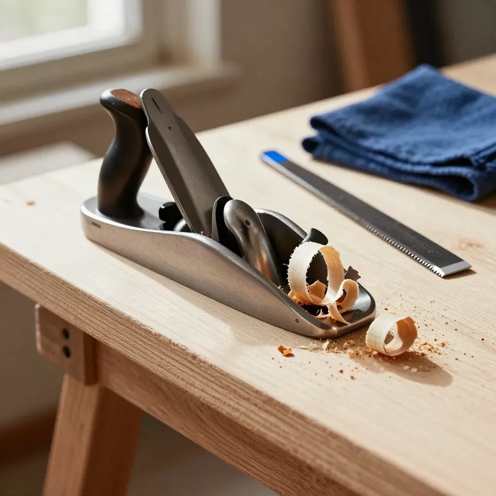 Macro still life of woodworking tools, cedar shavings, and a blue accent on pale wood