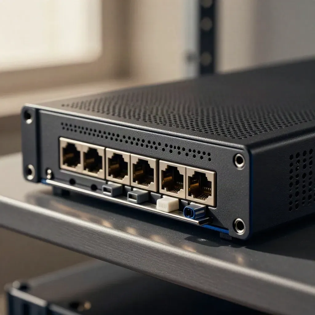 Macro of a firewall appliance in rails with SFP modules and fiber caps