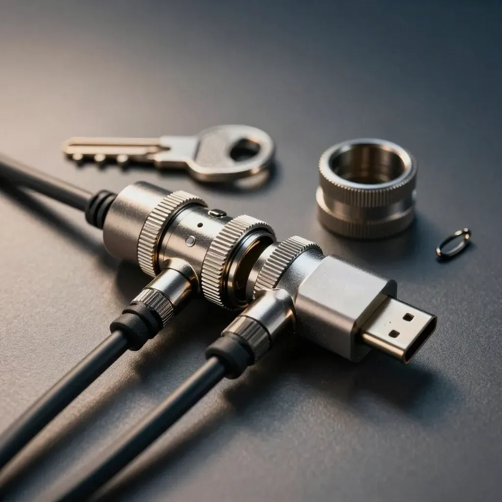 Metal couplers joined by a braided patch cable and USB-C adapter on a dark slate surface.