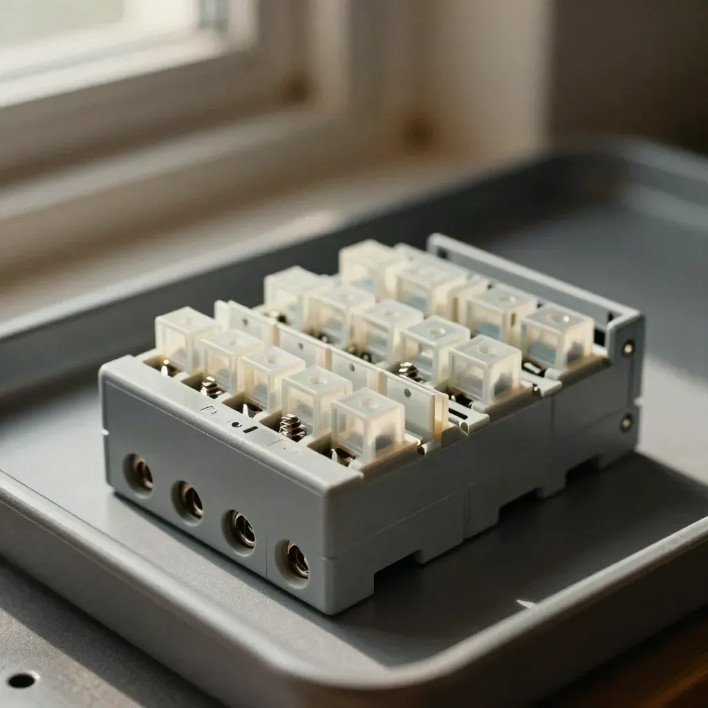 DIN-rail relay block beside spare blade fuses and a steel spacer on a graphite tray