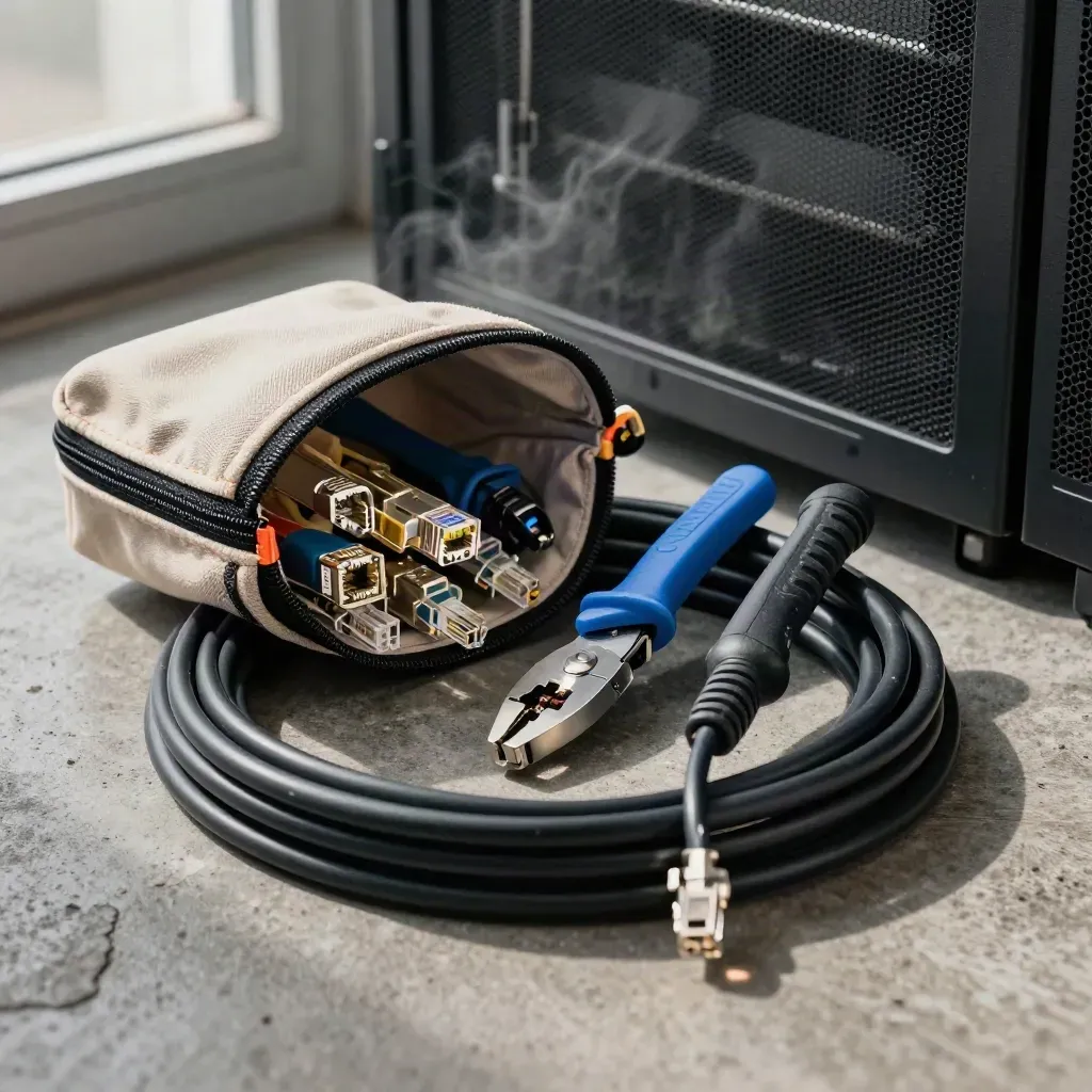 Ethernet repair tools spill from a pouch behind a foreground cable coil on a server-room floor.