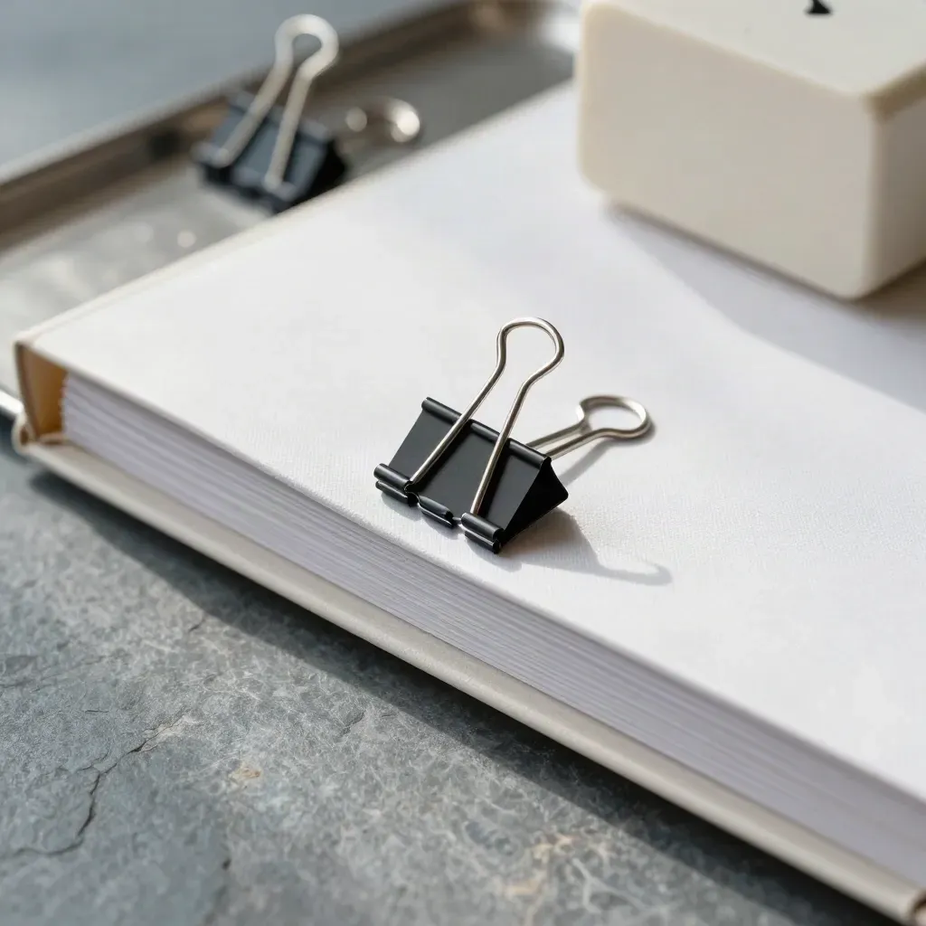 Closed report binder, metal tray, binder clips and a desktop timer on a neutral office surface.