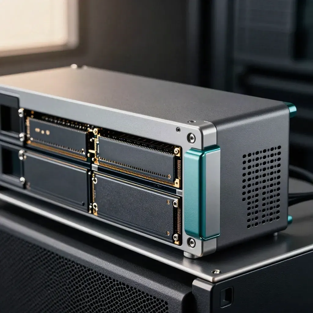 NAS enclosure and expansion trays on brushed metal, shot low with a blurred tray in front
