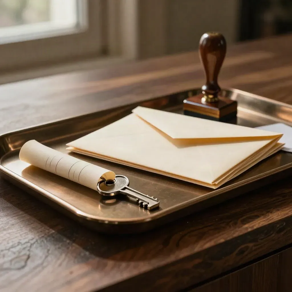Bronze cash tray, receipt spindle, blank envelopes and stamp base on walnut in dramatic side light