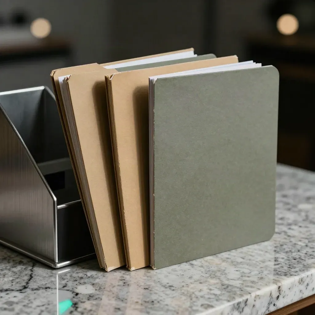 Closed folders, steel clips and a desk sorter on travertine with soft dark bokeh.