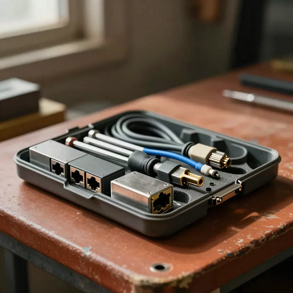 Open service toolkit with network modules, hex keys and coiled leads on a terracotta bench.