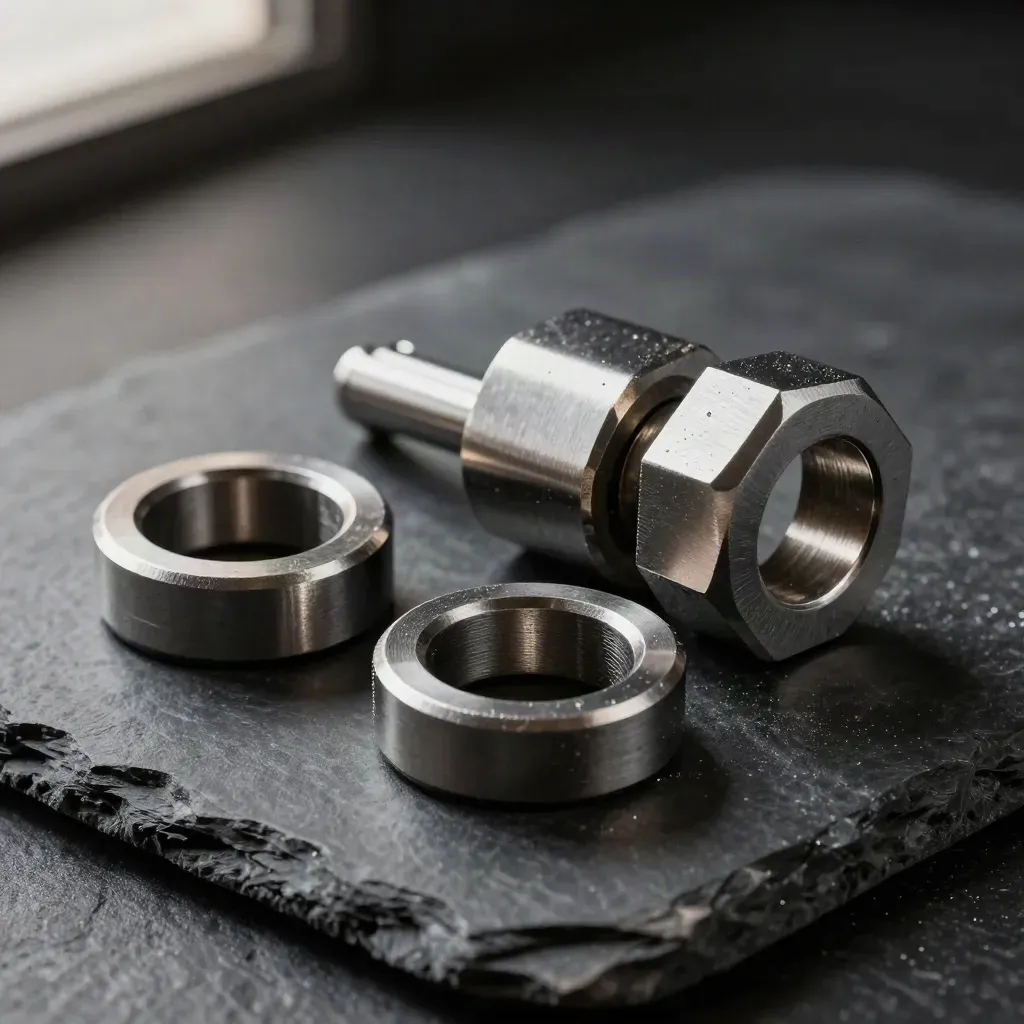 Steel rings, connector block, and spacer linked on dark stone under dramatic light.