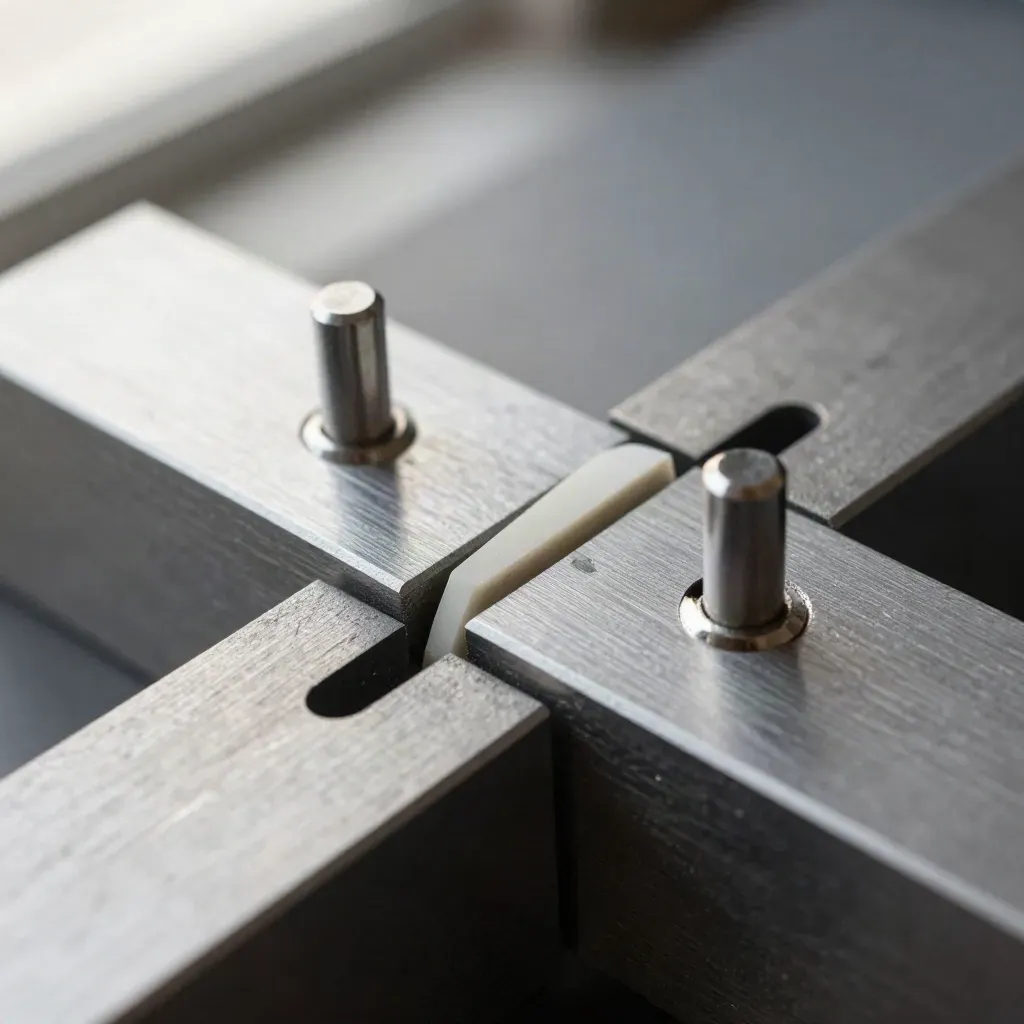 Macro of interlocking metal workflow blocks with pins and bridge piece on brushed aluminum.