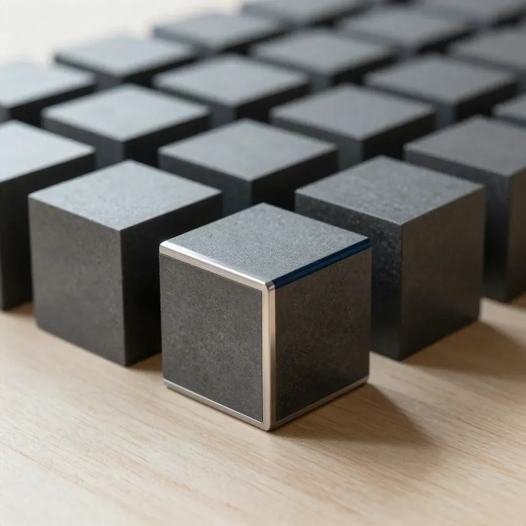 Graphite cubes and steel frame on pale wood, lit in a refined product still life.