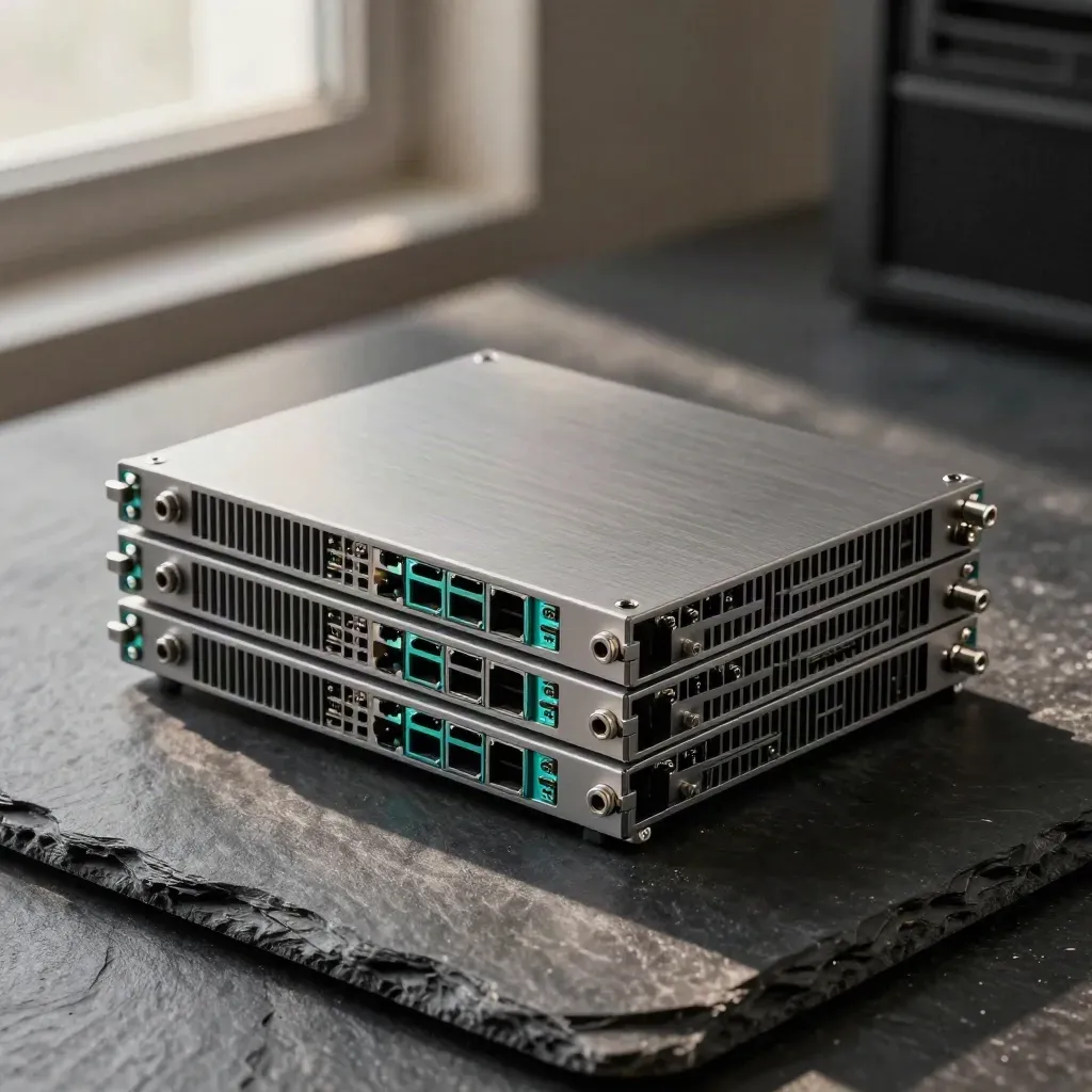 Nested server hardware, fiber couplers, and an edge-router shell on dark slate in soft side light.