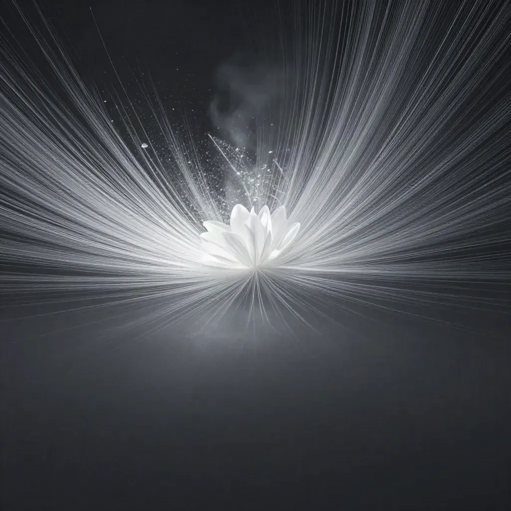 Silver filaments converge into a white bloom in graphite haze, leaving copy space below.